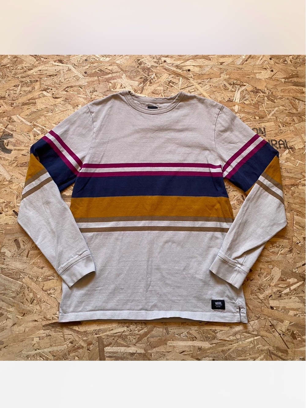 Vans Cream Long-Sleeve Stripe Crewneck with Navy, Mustard & Magenta